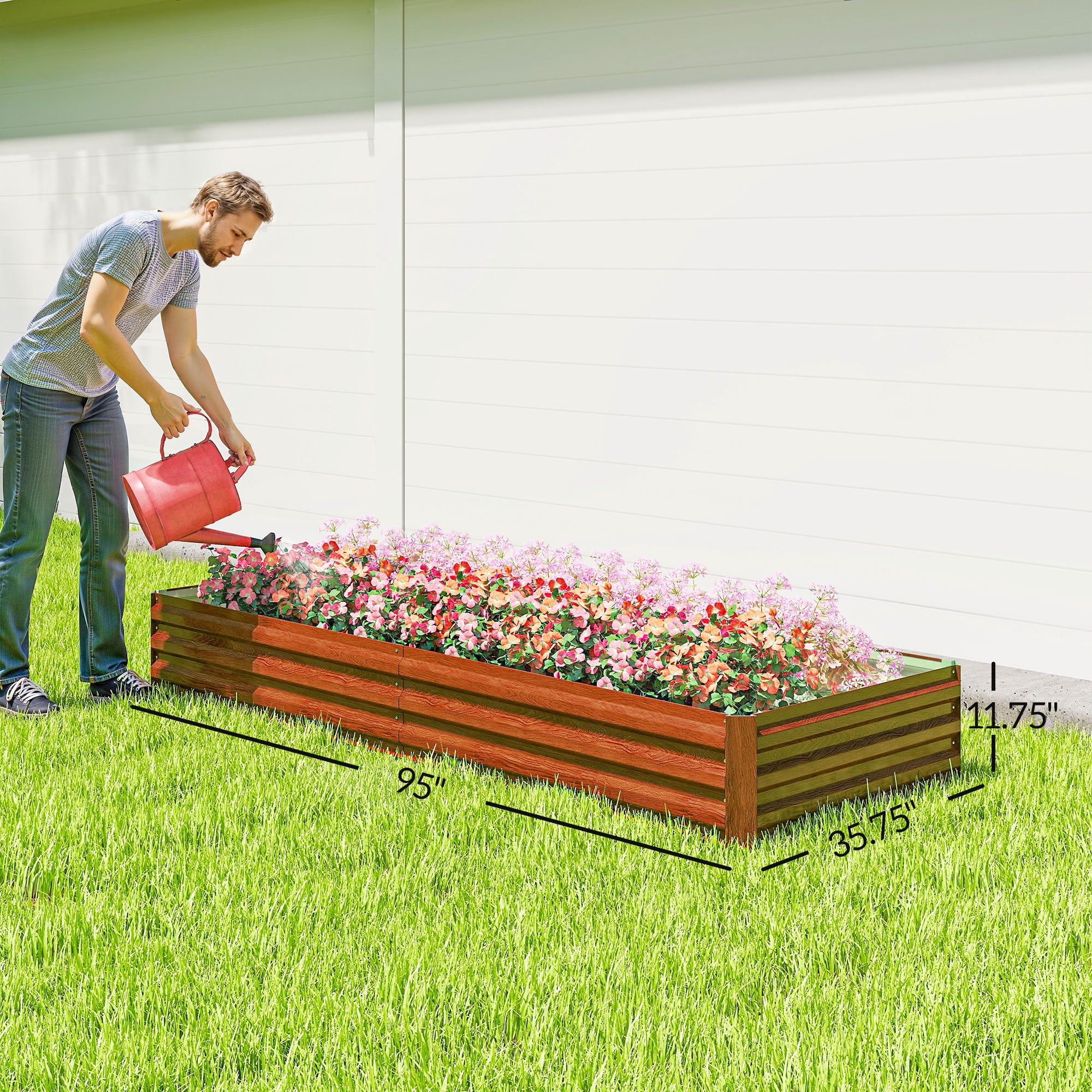 Outsunny 95" x 36" x 12" Galvanized Raised Garden Bed, Metal Elevated Planter Box, Easy DIY and Cleaning for Growing Flowers, Herbs, Natural Wood