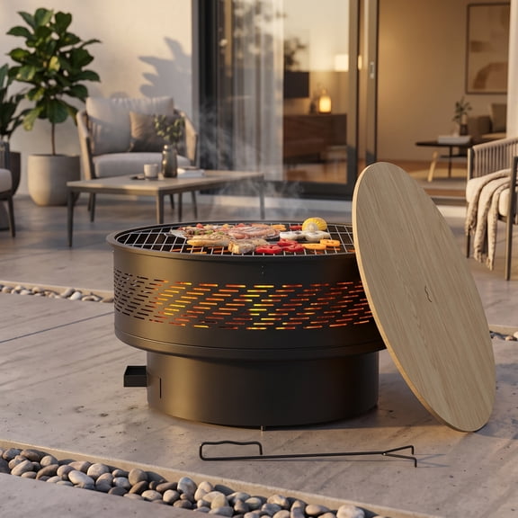 TVOFEK 32" Wood Burning Fire Pits with Grill & Lid, Round Fire Pit Table for Outside with Fire Poker, Outdoor Firepit for Patio BBQ Bonfire