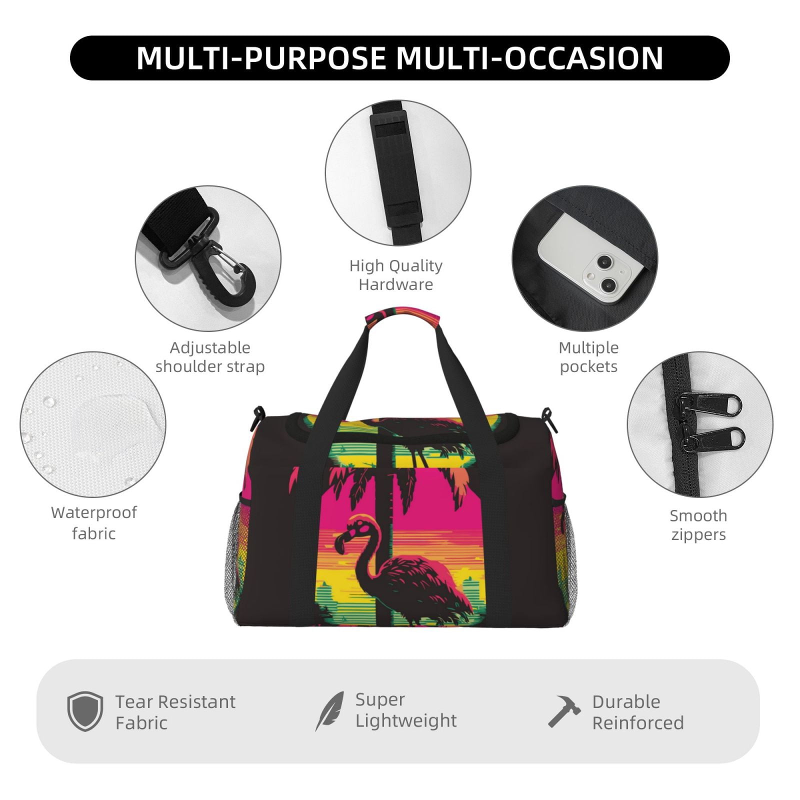 Fuzoiu Flamingo And Palm Trees At Sunset Print Travel Duffle Bag,Carry On Tote Bags,Duffel Bag,Sport Gym Bag, Hospital Bag for Labor and Delivery, Overnight Bag,Luggage Bag
