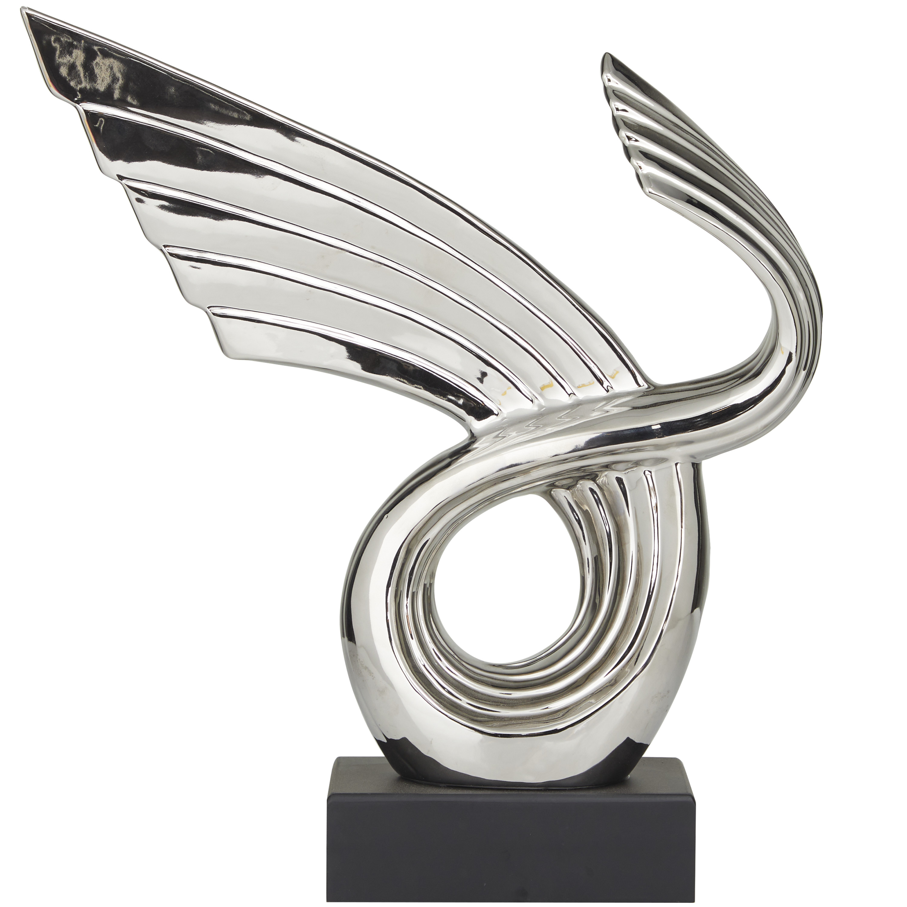 14" x 15" Silver Porcelain Wing Abstract Sculpture with Black Base, by DecMode