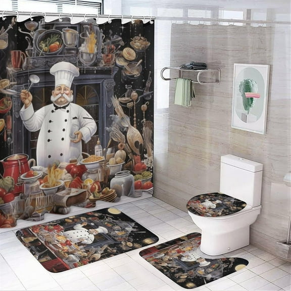 4 Pieces Old Man Chef Waterproof Shower Curtain Sets Fun Chef Vintage American Style Bathroom Set with Shower Curtain, Toilet Lid Rug, Non-Slip Rugs and Bath Mat and 12 Hooks