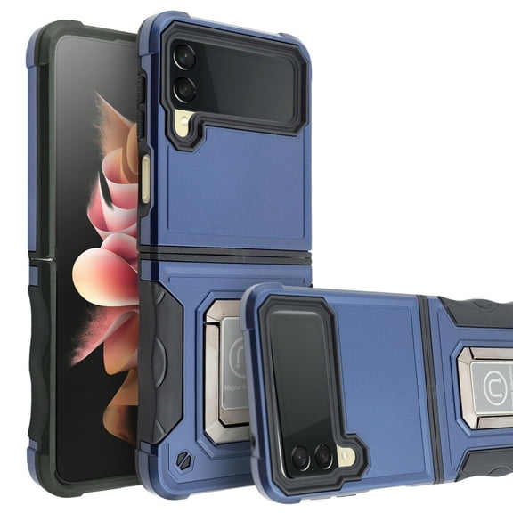 For Samsung Galaxy Z Flip 3 5G with Screen Protector Phone Case Magnet Mount Ready Slip Guard Grids Pattern Kickstand Hybrid Slim Shock Bumper Cover