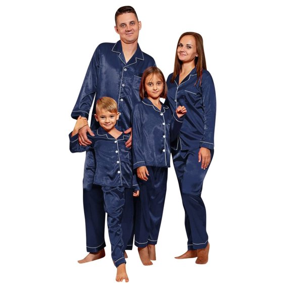 Matching Family Pajamas Classic Button Down Satin Pajama Set Long Sleeve Top and Full Length Pants Sleepwear Loungewear Soft Comfortable