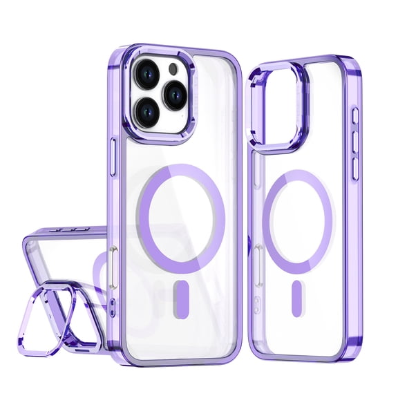 For iPhone 14 Case, Magnetic Clear Case with Lens Kickstand, Full-Body Shockproof Protective Crystal Cover, Compatible with MagSafe, Anti-Yellowing Transparent Phone Cover,Purple