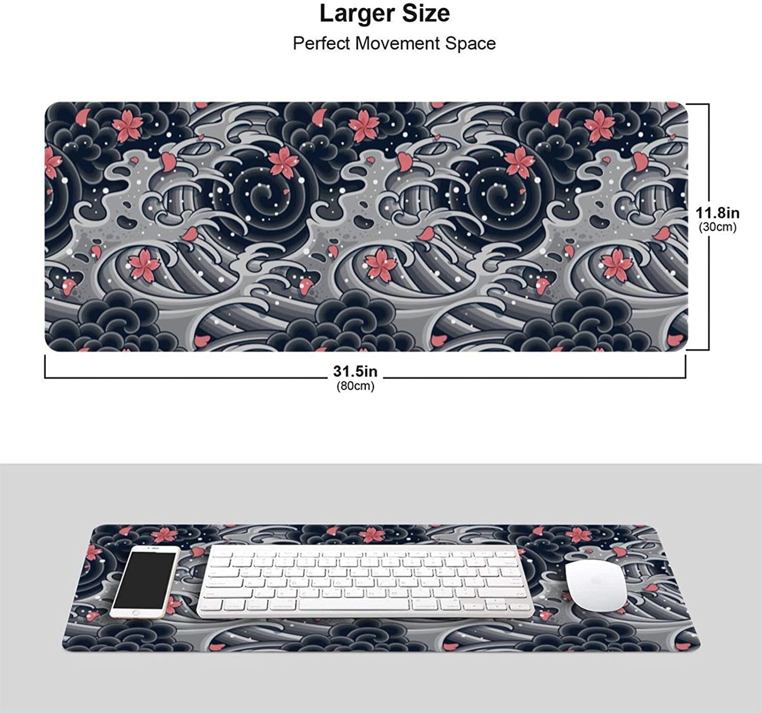 Japanese Wave with Sakura Gaming Mouse Pad XL, Extended Large Full Desk Mousepad 31.5 X 11.8 Inch, Big Mouse Pad with Stitched Edge, Non-Slip Long Computer Keyboard Mat for Office & Home by Caburywe