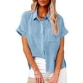 thumbnail image 2 of Rovga Women Shirt Solid Color Tops Lapel Short Sleeve Tees Fashion Summer Casual Basic Shirt Bu2 L, 2 of 5