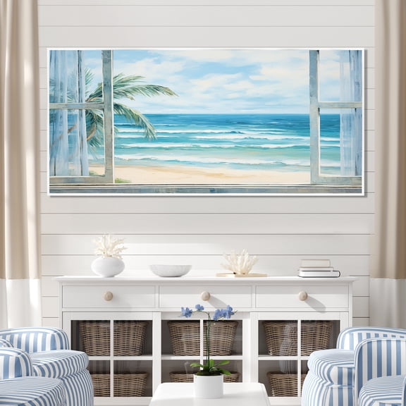 Designart "Tranquility by the Beach Window Views III" Oversized Coastal Framed Wall Art - Coastal Blue Coastal Windows Hallway Framed Wall Art Decor