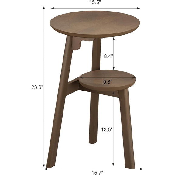 Round End Table for Small Spaces, Narrow Side Table, Accent Table Night Stand with 2 Tier Shelf for Bedroom and Living Room, Walnut