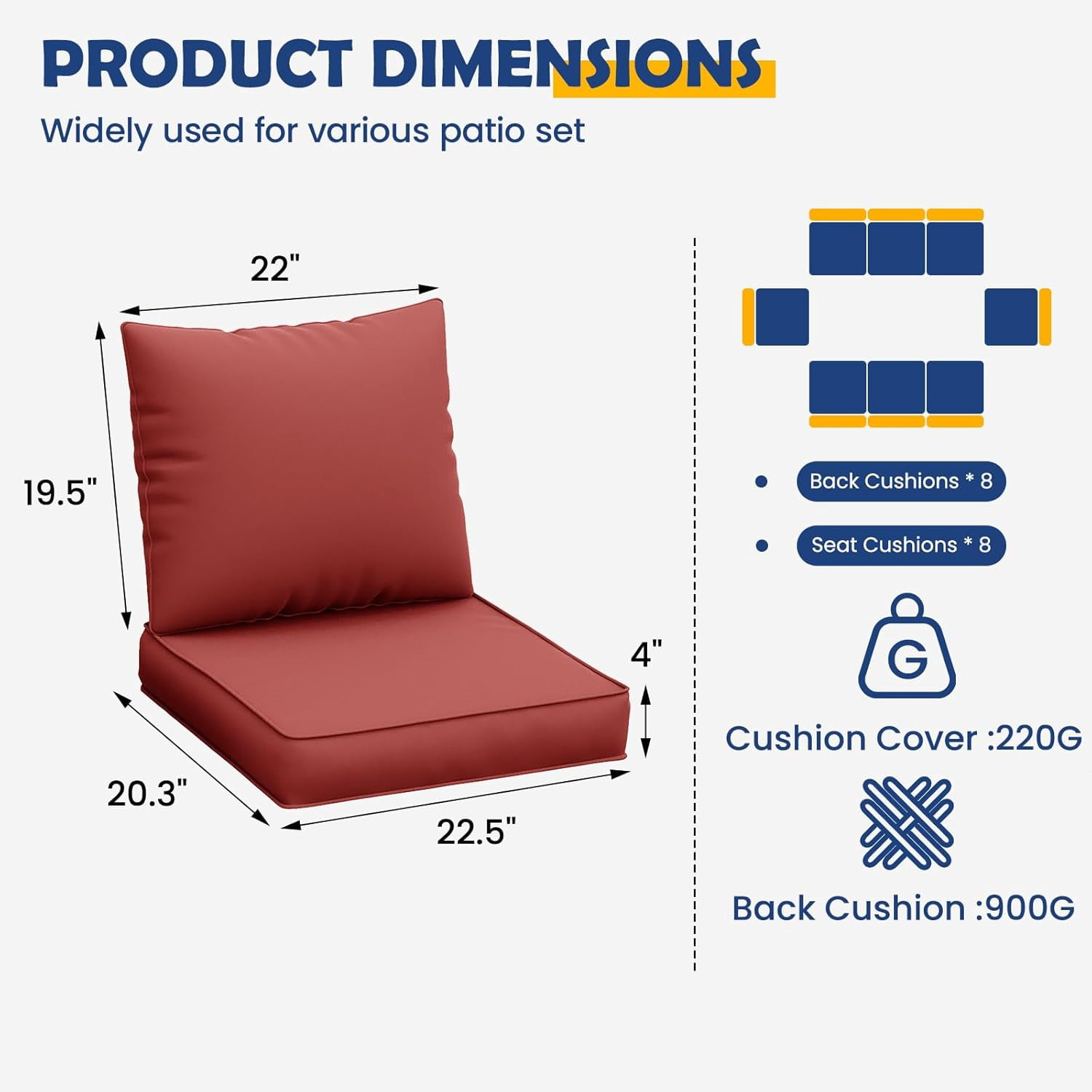 MRUAKA Outdoor Cushions for Patio Furniture, 4'' Replacement Cushions for Outdoor Furniture, Set of 8 Water-Resistant Outdoor Sectional Cushions for Sofa Couch Chair (Wine)