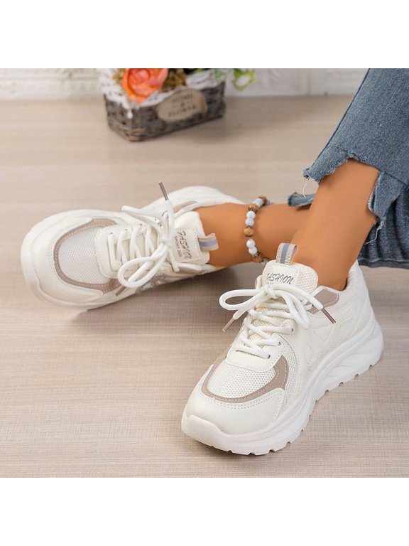 Women's White Chunky Platform Sneakers, Breathable Mesh, Butterfly Lace-Up Casual Flats, Spring/Summer