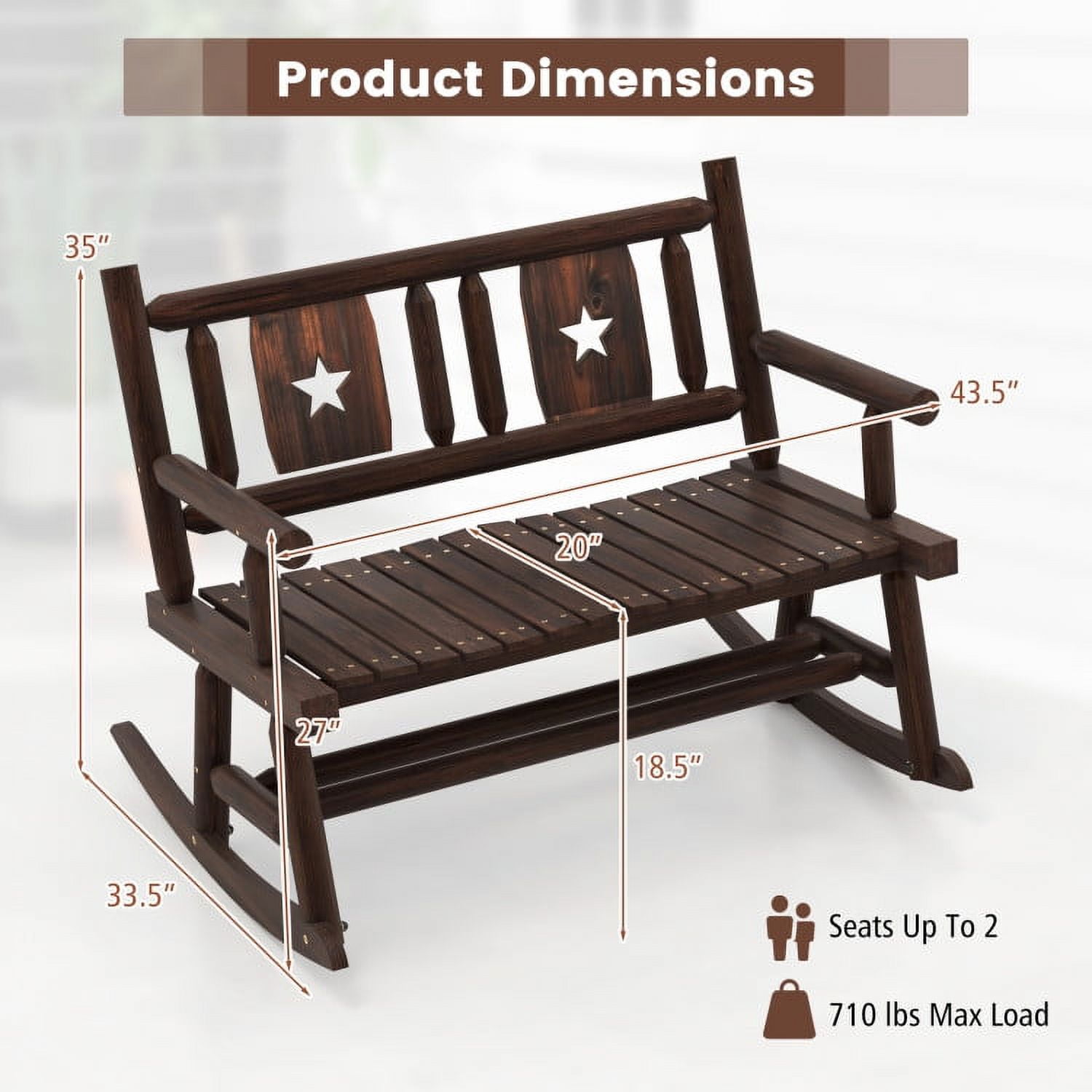 Aimee Lii Outdoor Wooden Double Lounge Rocker, Rocking Lounge Chair Outdoor, Sturdy, Movable