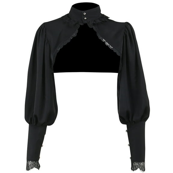 Hip-Hop Dance Punk-Crop Top Hoodies Black Sleeve Hoodie Sweatshirt High Collar Lace Shawl Top with Sleeve Women
