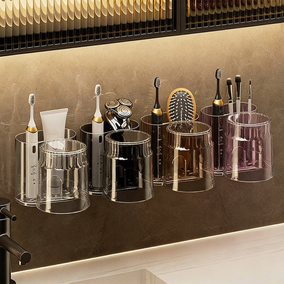 Wall-mounted Toothbrush Rack, Adhesive No-drill Bathroom Organizer with Drainage Holes, Space-saving Modular Holder for Countertop Storage, Topliu