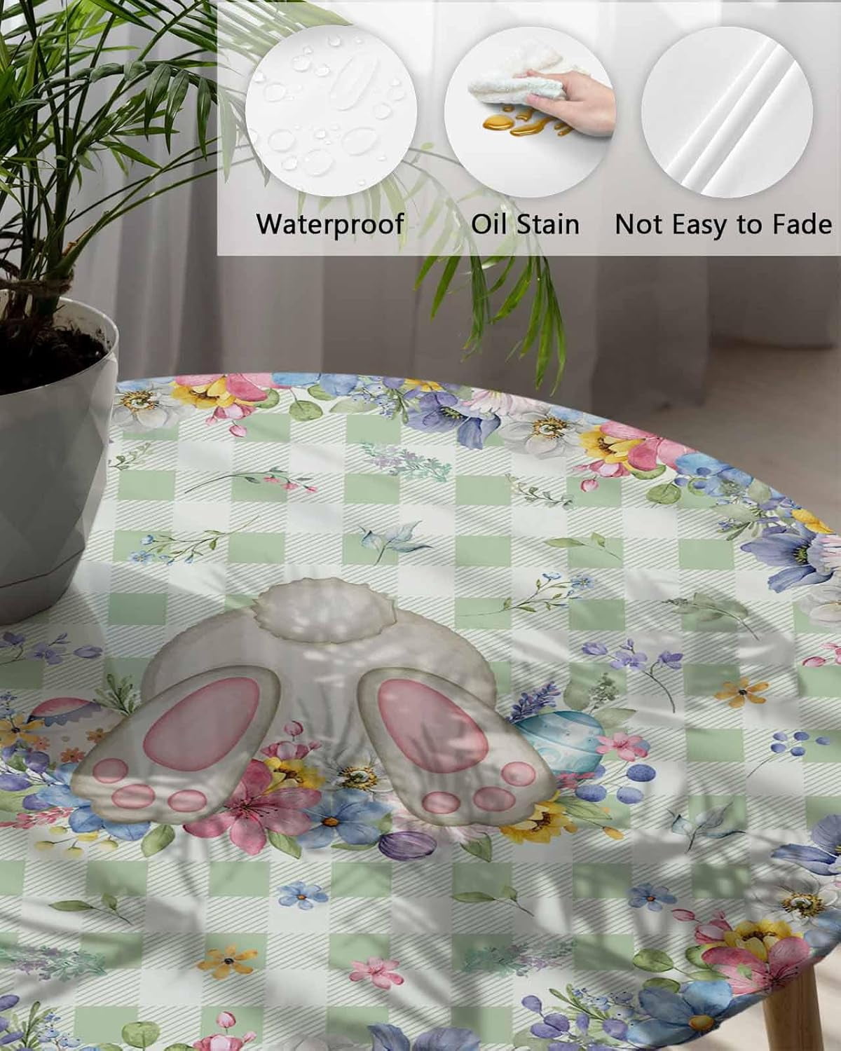 Happy Easter Fitted Round Tablecloth Bunny Tail Spring Flower Waterproof Oilproof Table Cloth with Elastic Edge Green Checker Table Covers for Indoor Outdoor Tables Decor Fits 36"-44",Small