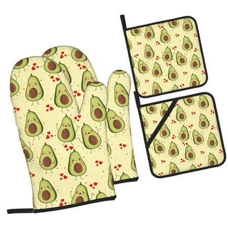 

Tebeau Avocados And Hearts Print 4 Pcs Oven Mitts and Pot Holders 500°F High Heat Resistant Kitchen Oven Mitts with Pot holders Long Oven Mitts for Baking and Cooking