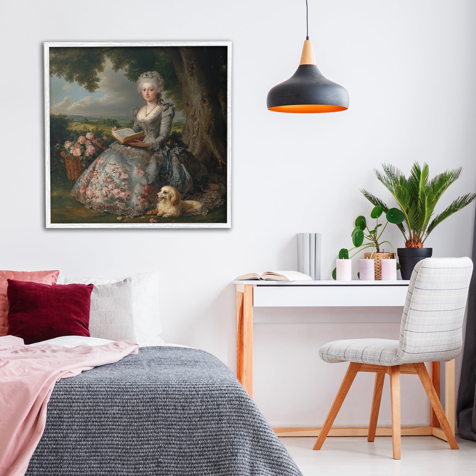 Stupell Industries Reading Rococo Lady with Dog White Framed Giclee Art, design by The Wands Want