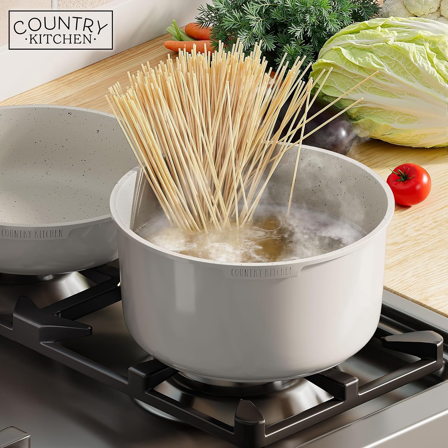 Country Kitchen Pots and Pans Cookware Set, 16-Piece, Ceramic Coated, Removable Handle, Cream