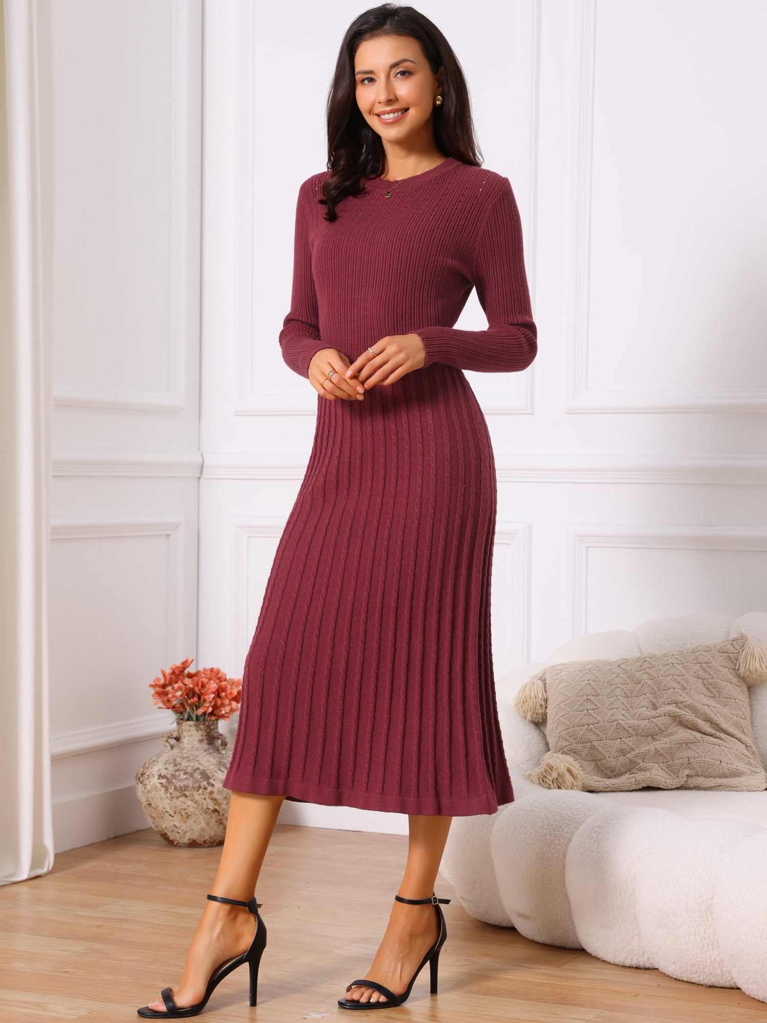 DARING DIVA Women's Long Sleeve Sweater Fall Crewneck Ribbed Knit Dress S Wine Red