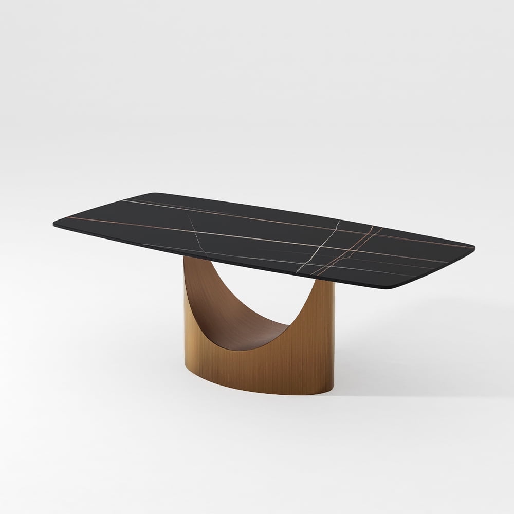 POVISON 71"Hobart Modern Minimalist Dining Table For 4-6, Black Rectangular Matte Sintered Stone Tabletop, Bronze Carbon Steel Leg