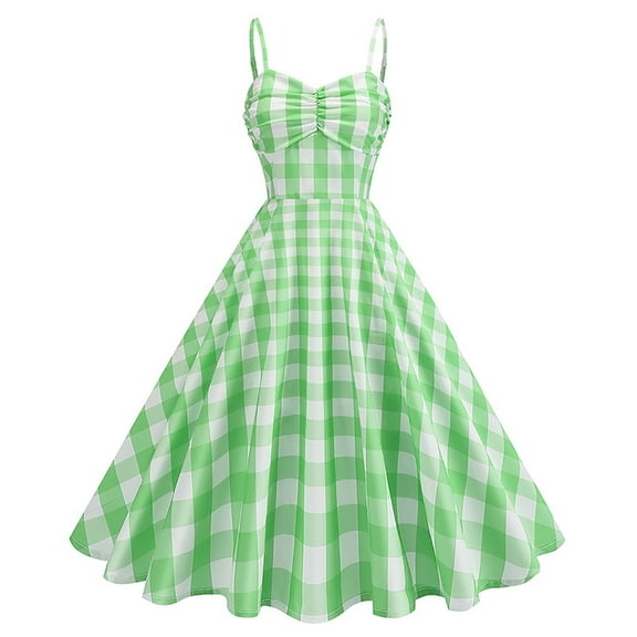 Htigea Vintage Plaid Dresses for Women Spaghetti Strap Fit and Flare Dress Juniors Tea Party Homecoming Cocktail Dresses Green,S