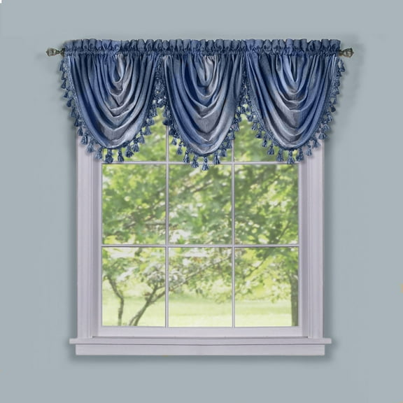 Royal Ombre Curshed Semi Sheer 3 Pack Tassled Window Curtain Valances - Blue