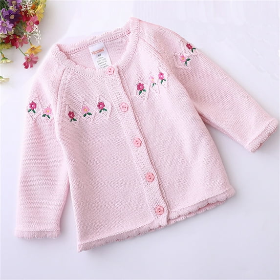 Baby Toddler Girls Sweaters Cardigans Button Closure Jacket - Cotton Cable Knit Cardigan for Spring Fall,Pink,18-24 Months
