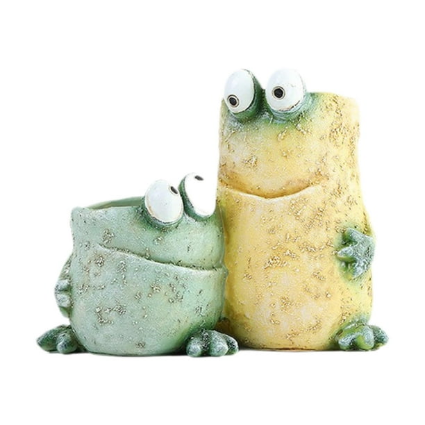 Bonita rana en maceta, maceta, figura con forma de rana, para interior y exterior, para flores. Verde Amarillo