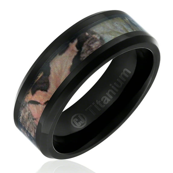 Mens Camo Hunting Wedding Band in Titanium 8MM Ring Black Plated with Camouflage Inlay - Beveled Edges