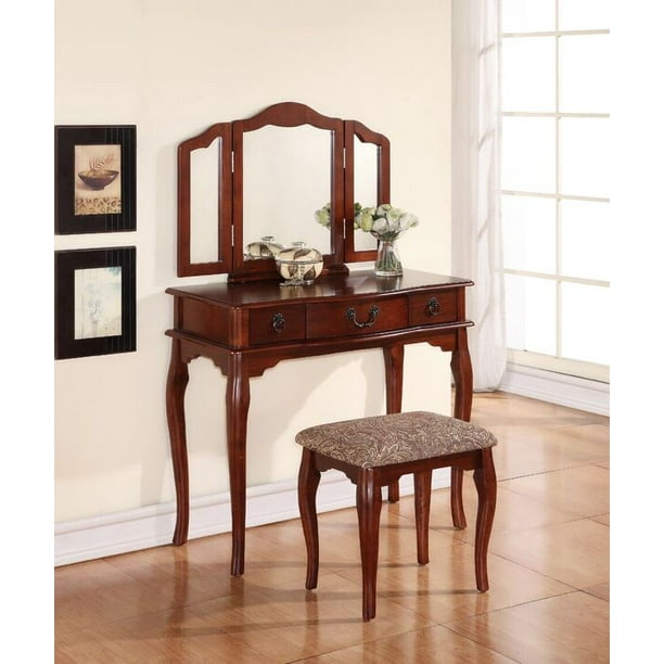 Simple Relax Trifold Mirror Vanity Table with Stool Set, Cherry