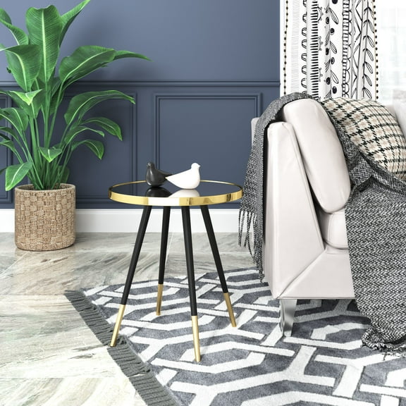 Particle Side Table Gold & Black End Table, Modern Style, Mirror Glass round shape tabletop, MDF, Indoor Living