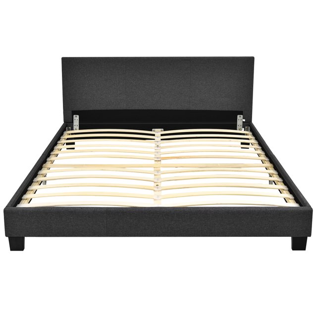 Giantex Full Platform Bed Frame with Linen Headboard Wood Slat Gray