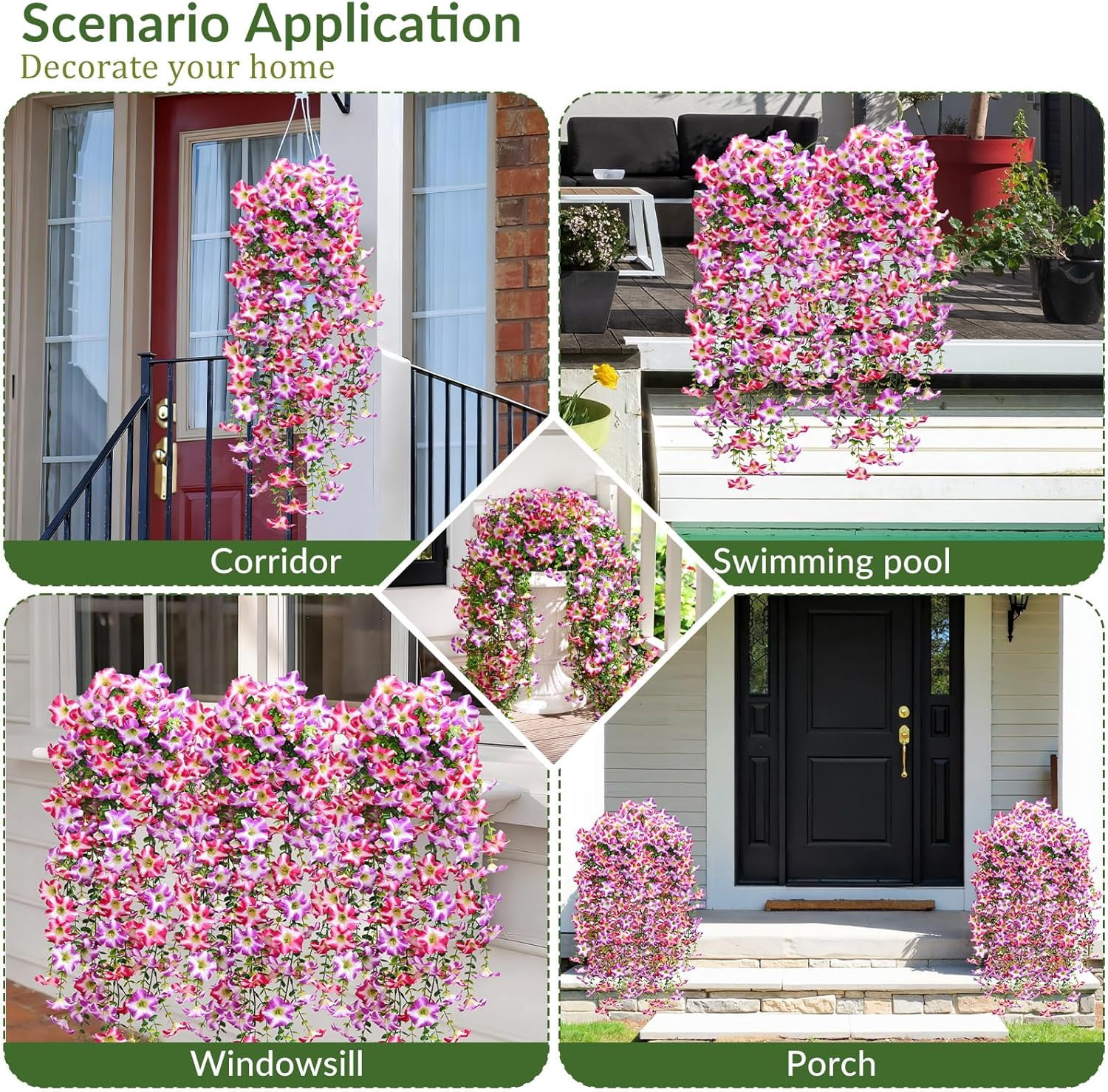 Lyacmy 4 Pcs Artificial Hanging Flowers for Outdoor Spring Decor, Rose Red Purple UV Resistant Fake Flower Petunias for Outdoor Garden Porch Patio Wedding Decor