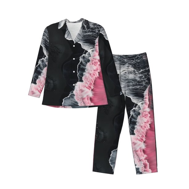 Balery Pink White Ocean Waves Pijama para Hombre de Dos Piezas con Manga Larga, Conjunto de Dormir y Descanso Suave con Bolsillos-Small