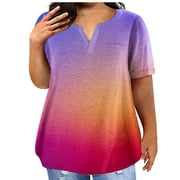 Huresd Women Plus Size Tops Casual Shirt for Work Office Work Shirts Gradient Print Women's Summer Round Neck Blouses Light Purple 5XL