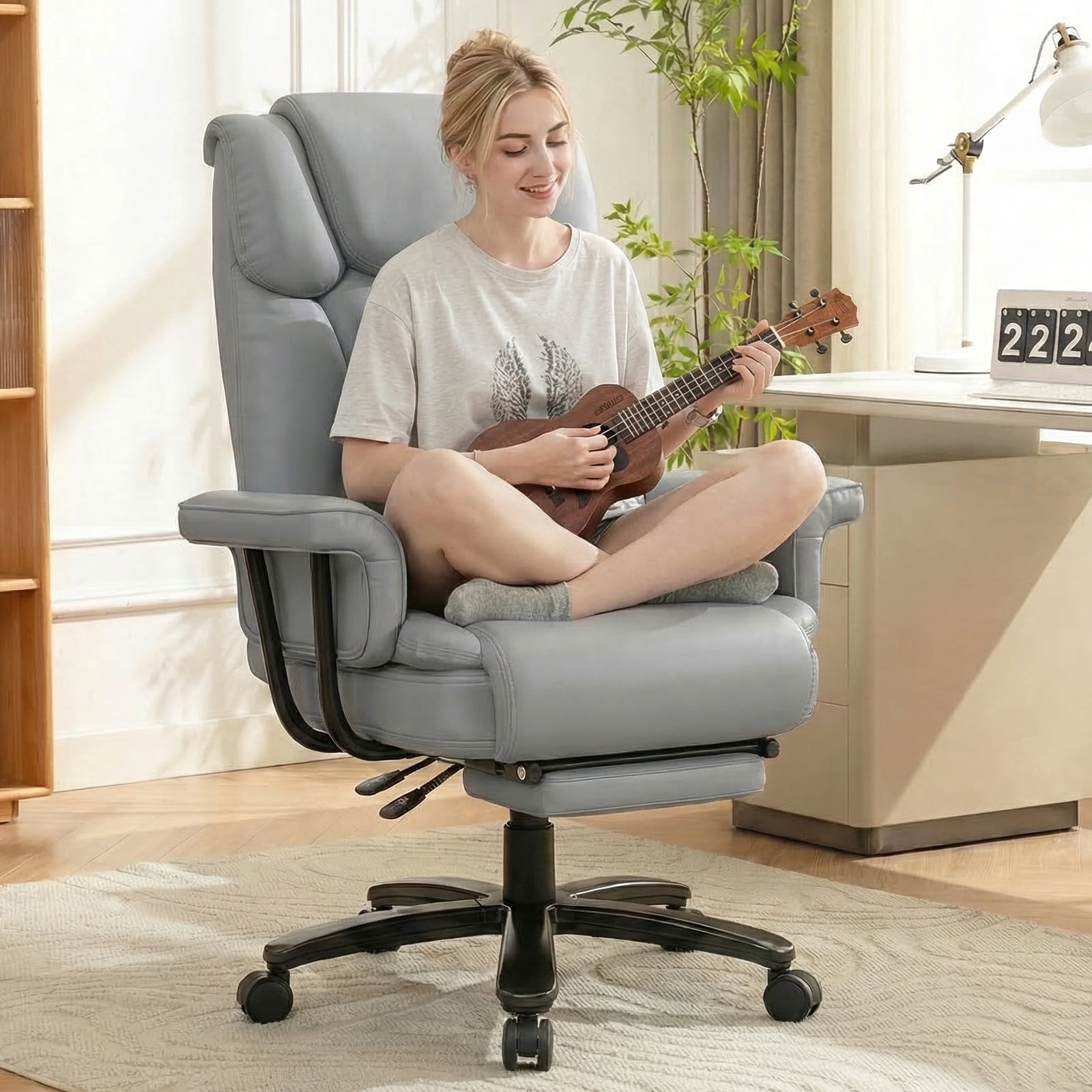 Ninecer High Back Executive Office Chair, Ergonomic PU Leather Office Chair, Heavy Duty Computer Desk Chair, Reclining Office Chair with Footrest 400lbs, Gray