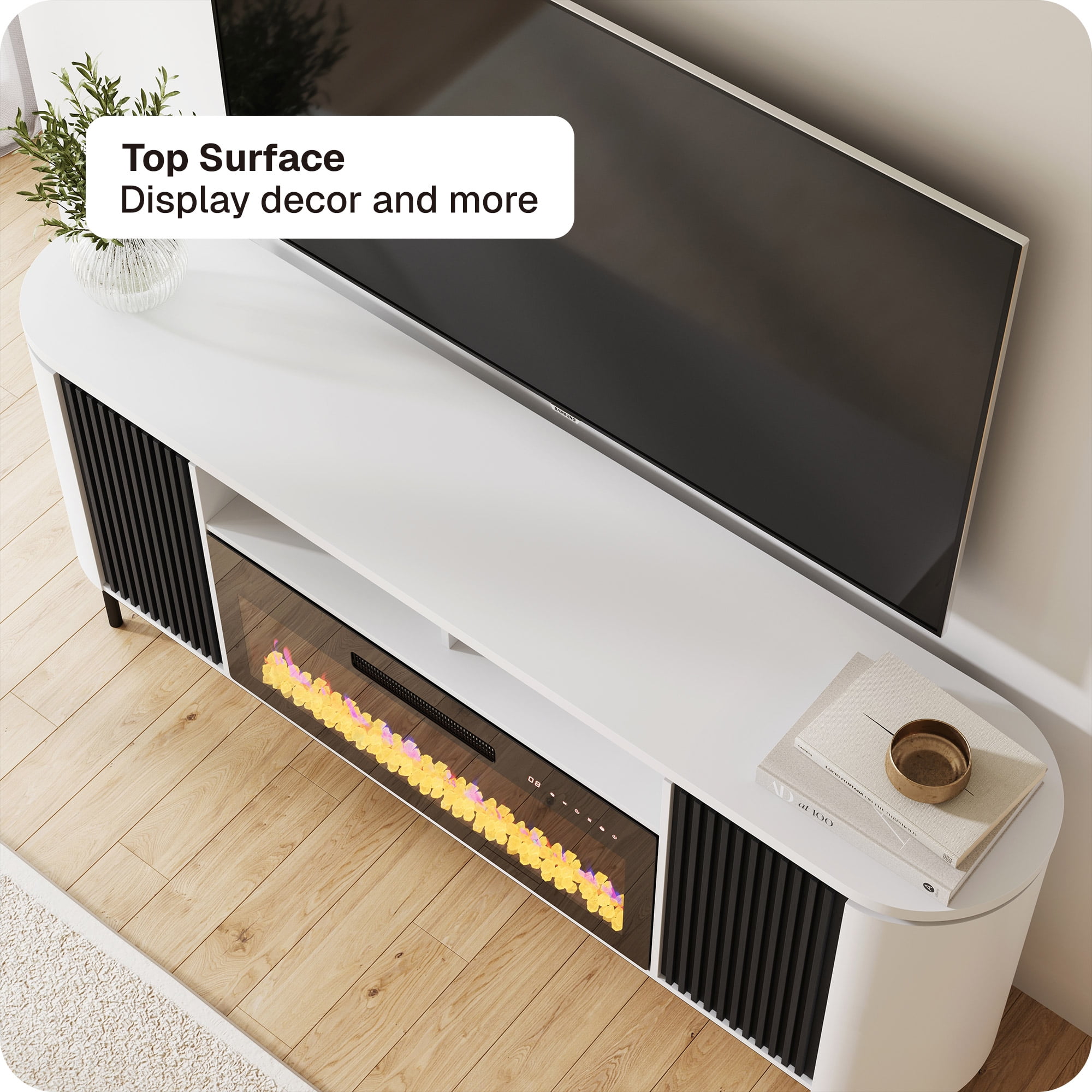 BELLEZE 76" Fluted TV Stand with 36" Electric Fireplace, Large Entertainment Center with Storage for TVs up to 80", Modern Media Console TV Cabinet for Living Room and Bedroom, White