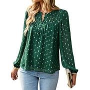 ZXZY Women Dots Print V Neck Button Up Long Sleeve Pleated Tiered Top