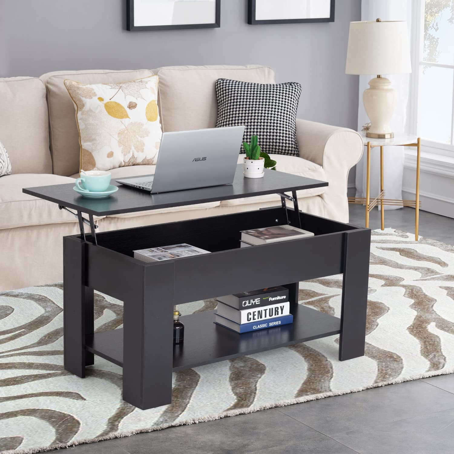 FDW Modern Lift Top Storage Wood Coffee Table, Black