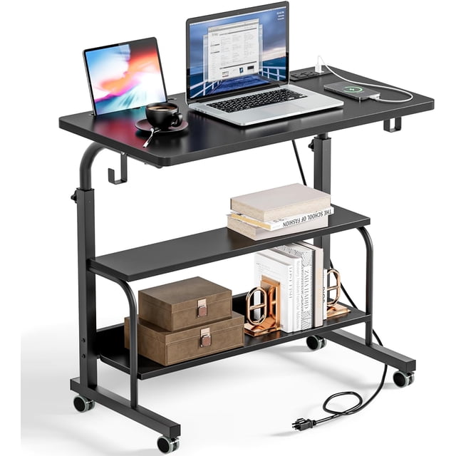 Table d'Appoint Salon Pouces Bureau pour Ordinateur Portable Support de Travail Réglable Table d'Appoint Mobile avec Station de Recharge Multifonctionnelle et Crochet Poste de Travail Portable Table à Collation Petite pour Étudiant