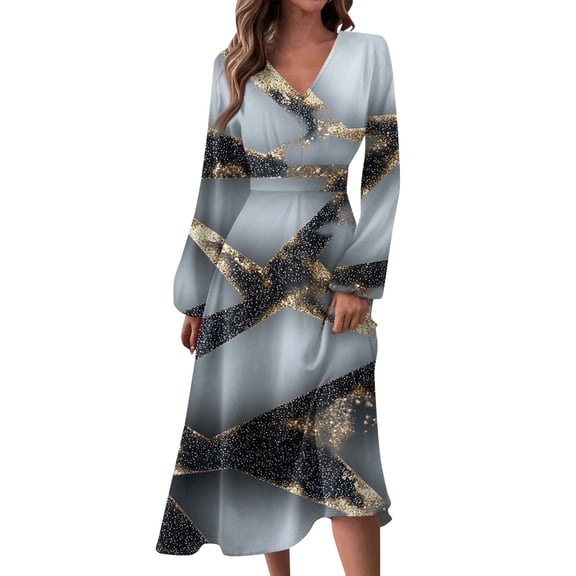 Women's Autumn Winter Casual Fashion V-Neck Long-sleeved Gradient (Floral) Print Long Dress, Black, Size L