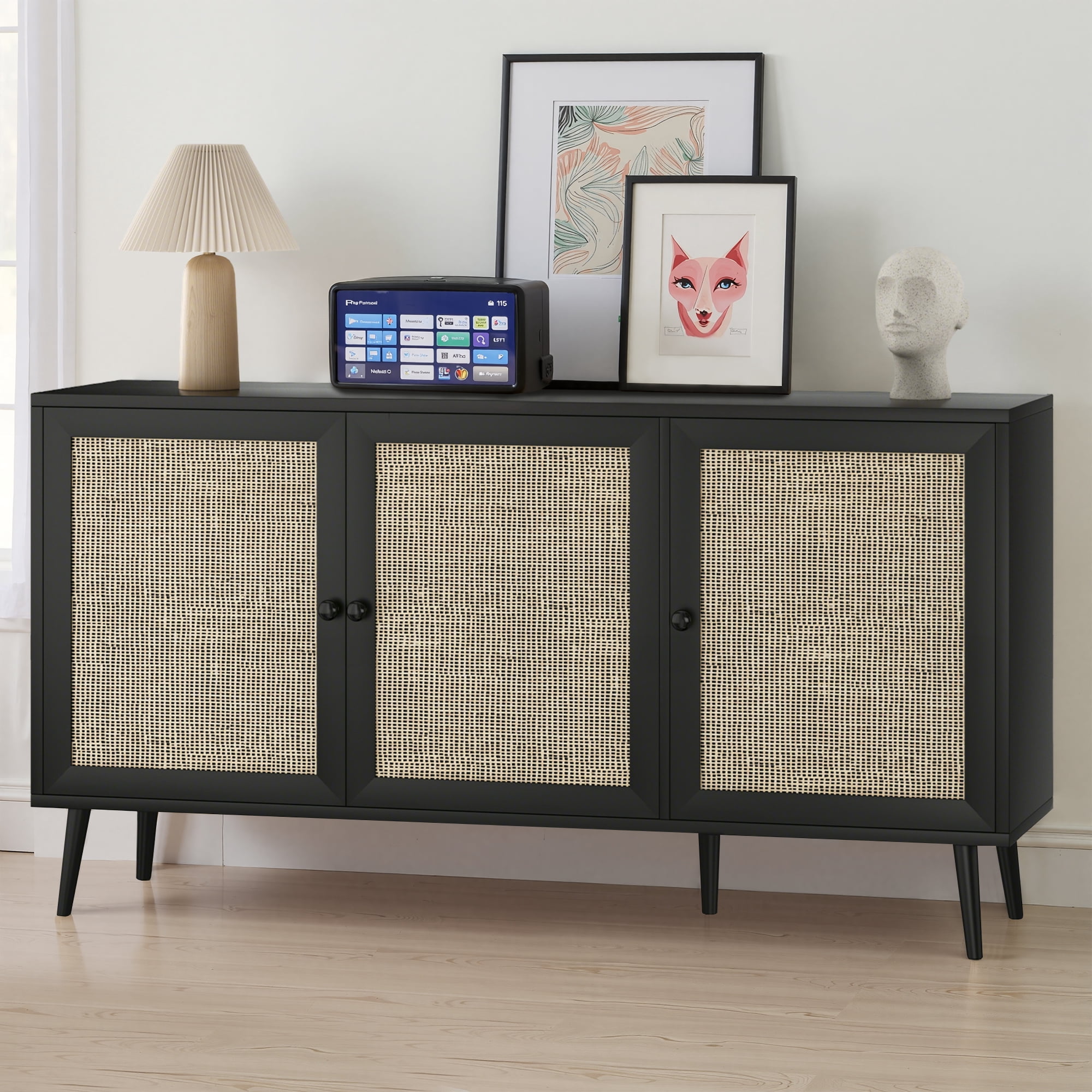 MAYEERTY Black 59*15*31"Modern Sideboard Buffet Cabinet with 3 Rattan Doors for Living Room, Entryway