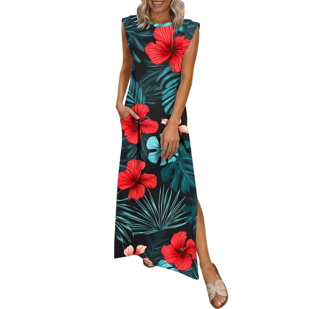TaTaai Women's Solid Color Round Neck Sleeveless Casual Dress Elegant Front Pleats Knee Length Dress with Pockets Loose Comfortable Fit for Spring Summer Vacation Beach Wear Gift