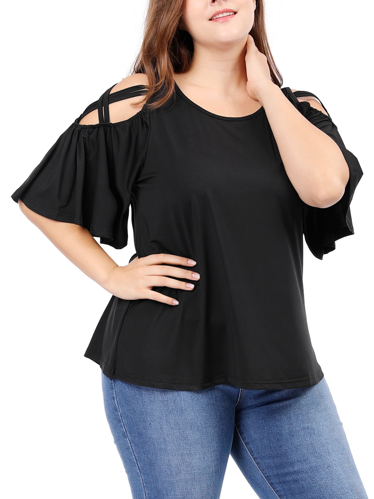 Unique Bargains Juniors' Plus Size Strappy Shoulder Trumpet Sleeves Top 4X Black