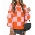 thumbnail image 2 of Women'S Fall Fashion Roll-Neck Long Sleeve Plaid Ribbed Knit Loose Pullover Sweater Tops Orange Checkered XXL, 2 of 9