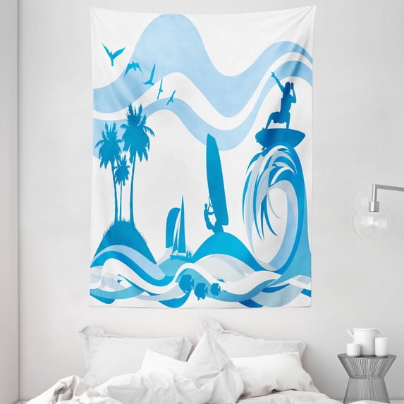 Aquatic Tapestry, Surfer on Waves Water Sports Recreation Palms Sea Sailboats Summertime Holiday, Wall Hanging for Bedroom Living Room Dorm Decor, 60W X 80L Inches, Blue Light Blue, by Ambesonne