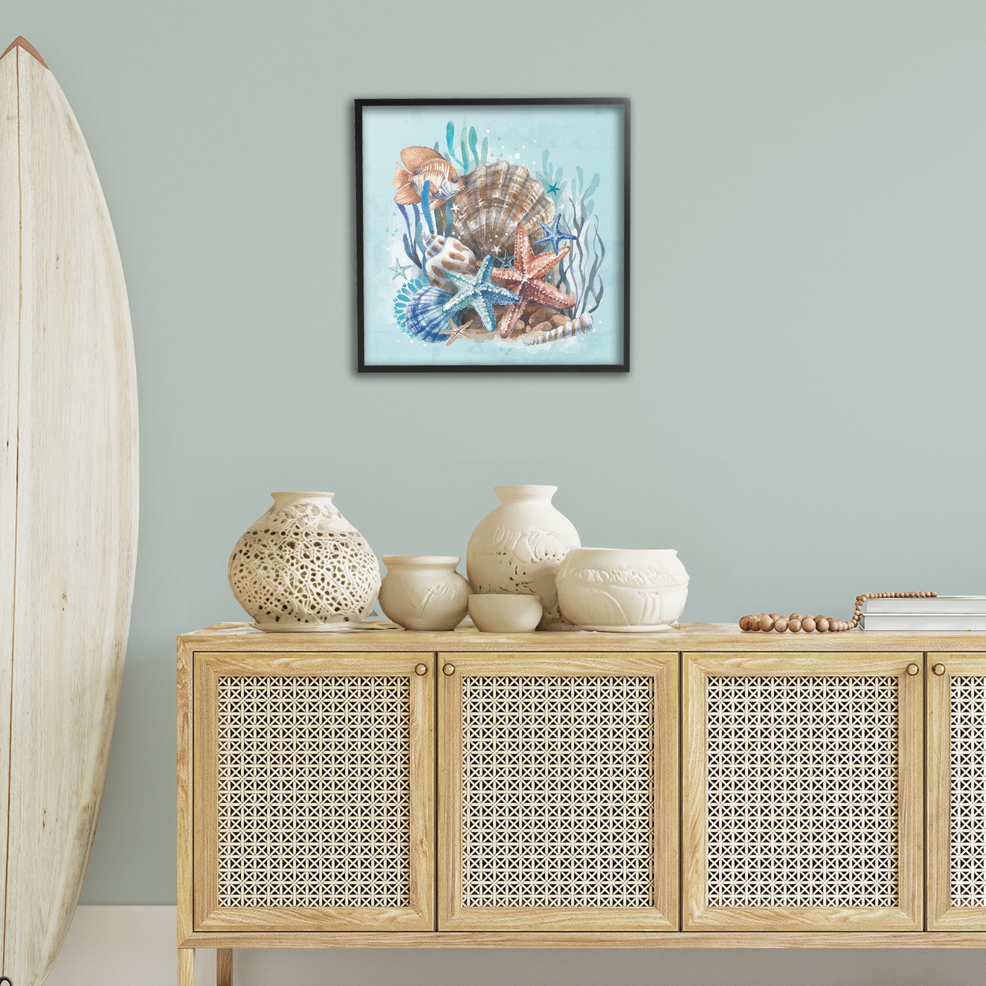 Stupell Industries Seashell Still Life Coastal Painting Black Framed Art Print Wall Art, 24 x 24