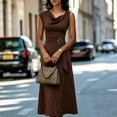 thumbnail image 2 of Morttic Women's Solid Color Sleeveless Cowl Neck Midi Dress – Elegant Ruched Tied Waist A-Line Dress Office & Party Wear Brown，S, 2 of 6