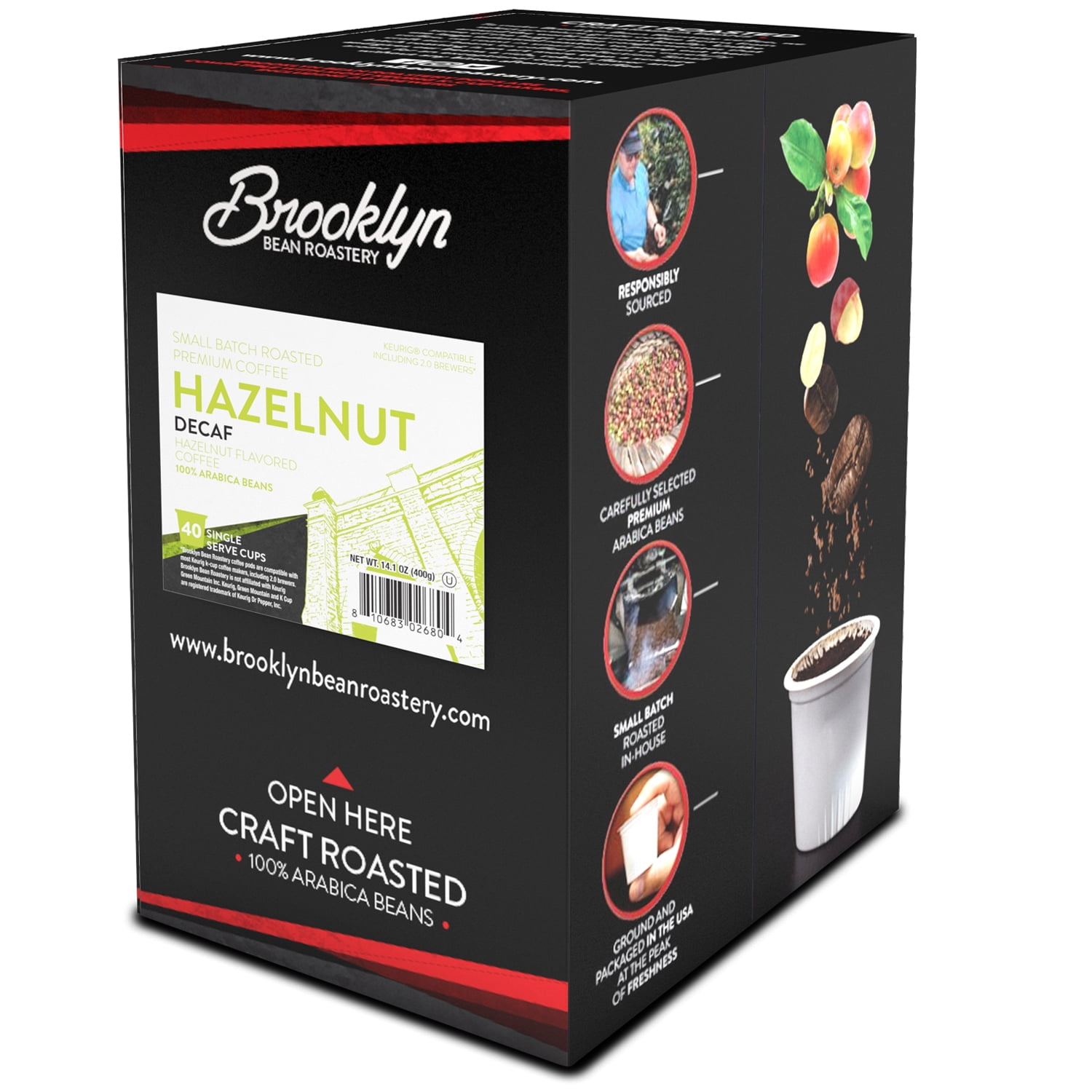 Brooklyn Bean Roastery Hazelnut Coffee Decaf Pods for Single-Serve Coffee Brewers, 40-Pack