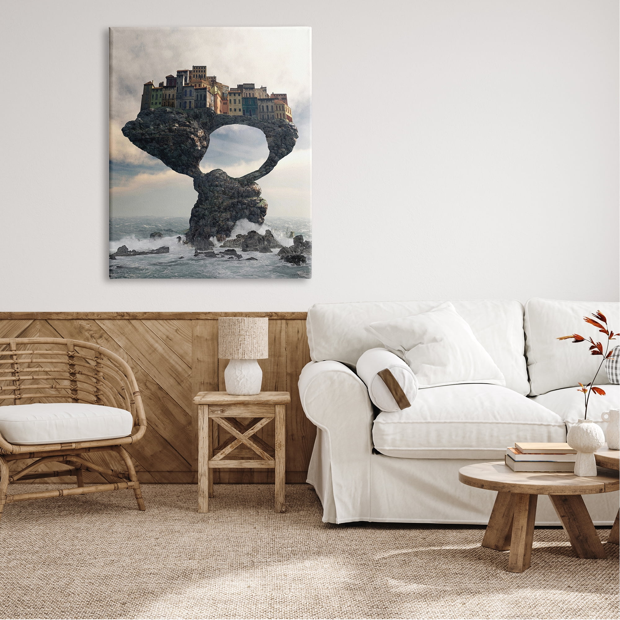 Stupell Industries Surreal City Atop Rocks Cliff Sea Waves Splashing Canvas Wall Art, 36 x 48, Design by Cynthia Decker