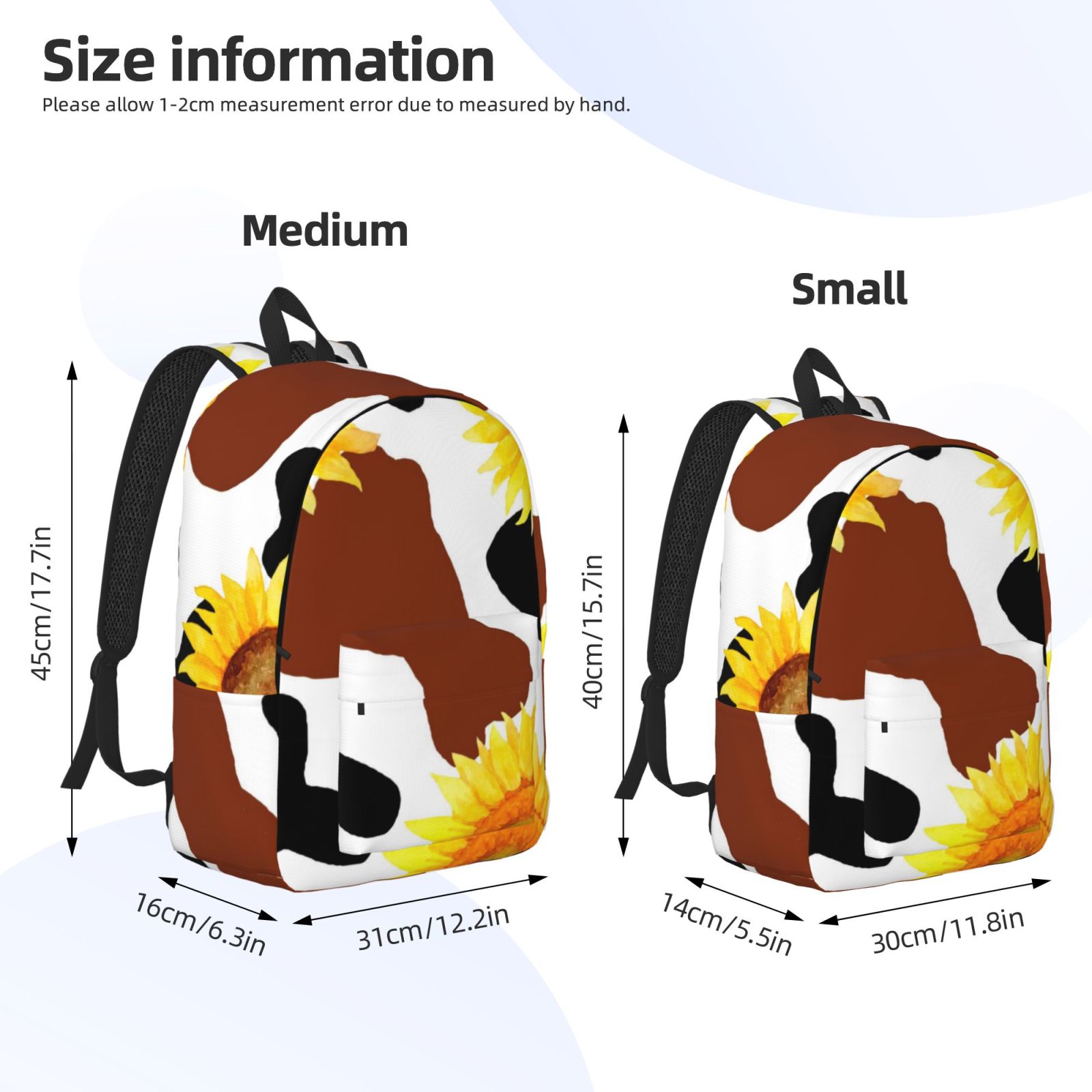 Rateoe Cow Print Sunflower Pattern Canvas College Laptop Backpack,Travel Daypack,Durable Rucksack Travel Notebook Bag School Backpack Book Bag for Men Women-Small